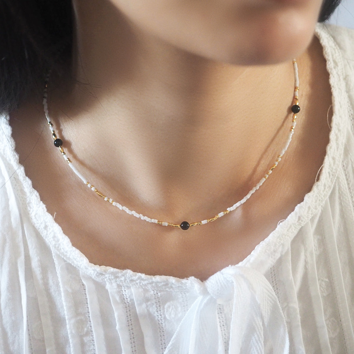 Miyuki Rice Beads Black Agate Necklace