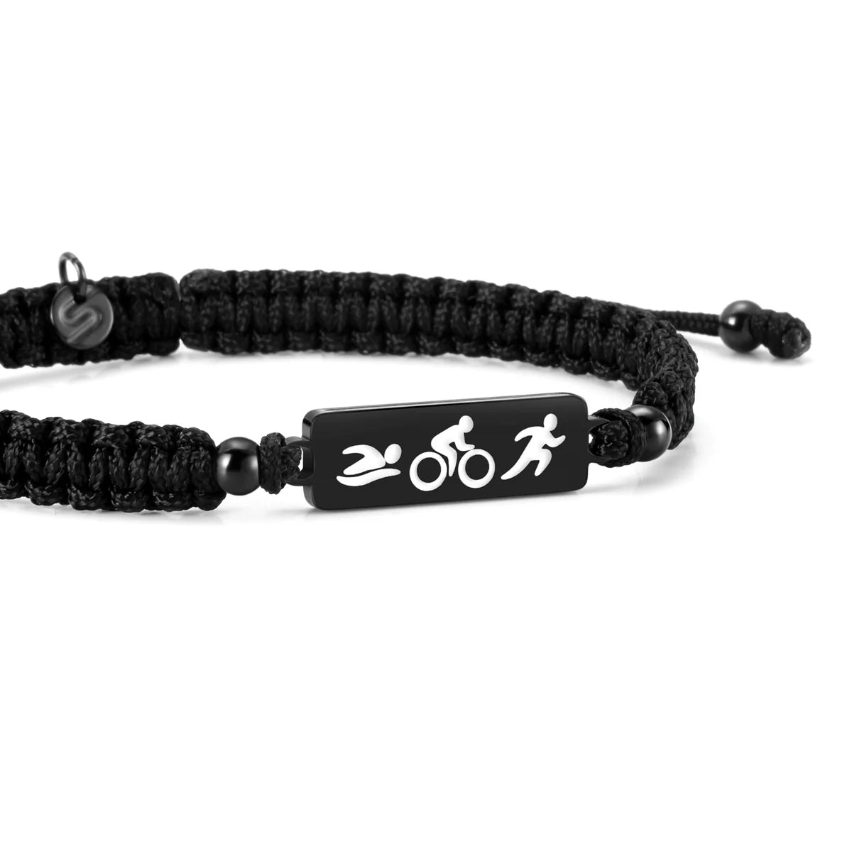 Black braided bracelet with a central tag featuring icons of a swimmer, cyclist, and runner on a white background.