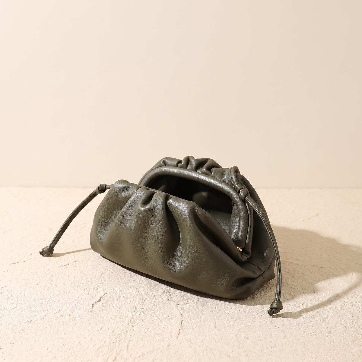 Pouch Gathered Leather Clutch - Olive Green