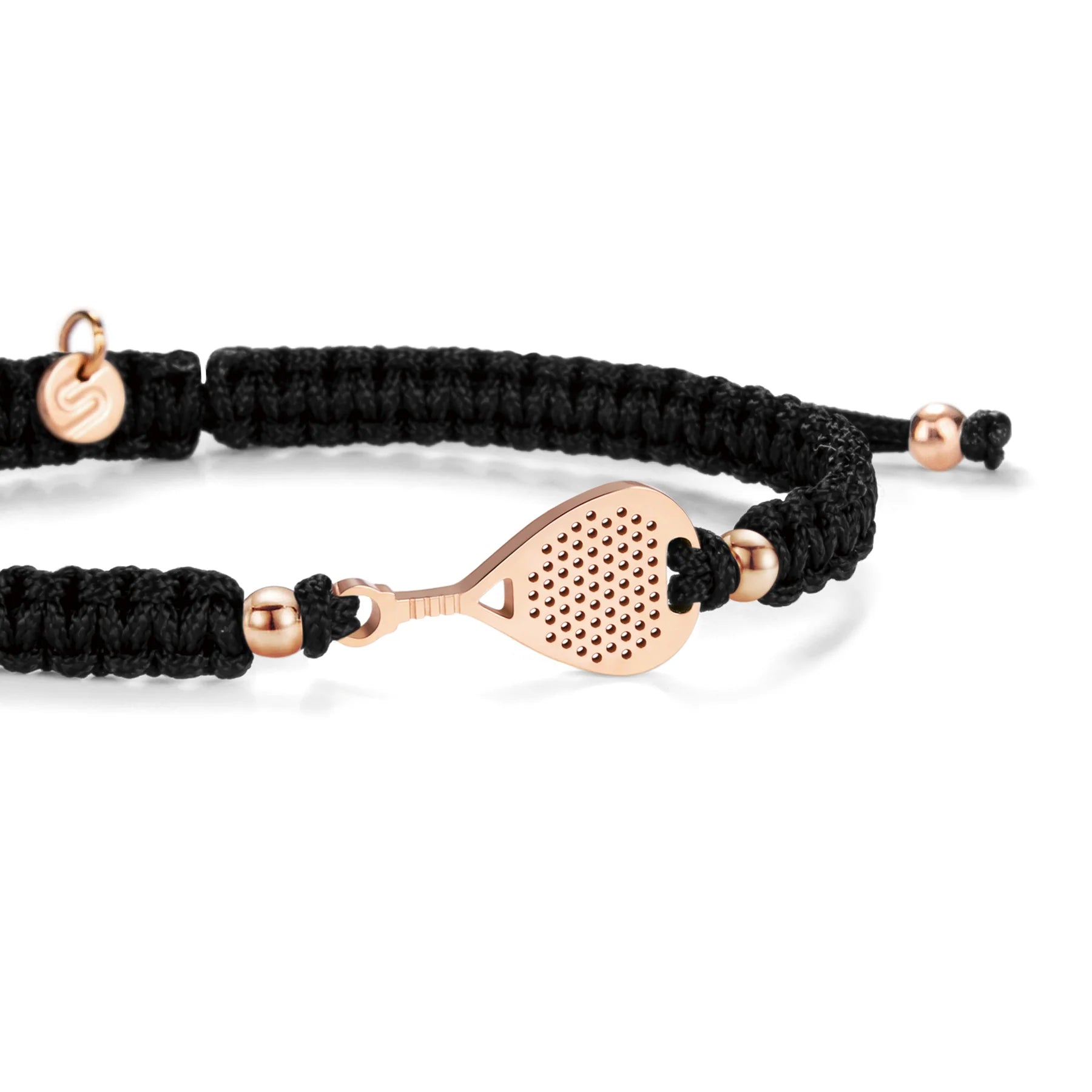 Black braided bracelet with rose gold paddle-shaped charm on a white background