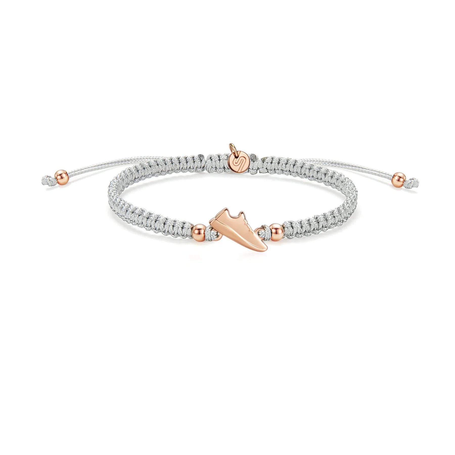 Rose Runner Grey Braided Bracelet featuring a rose gold sneaker charm and metallic beads on a grey woven band.
