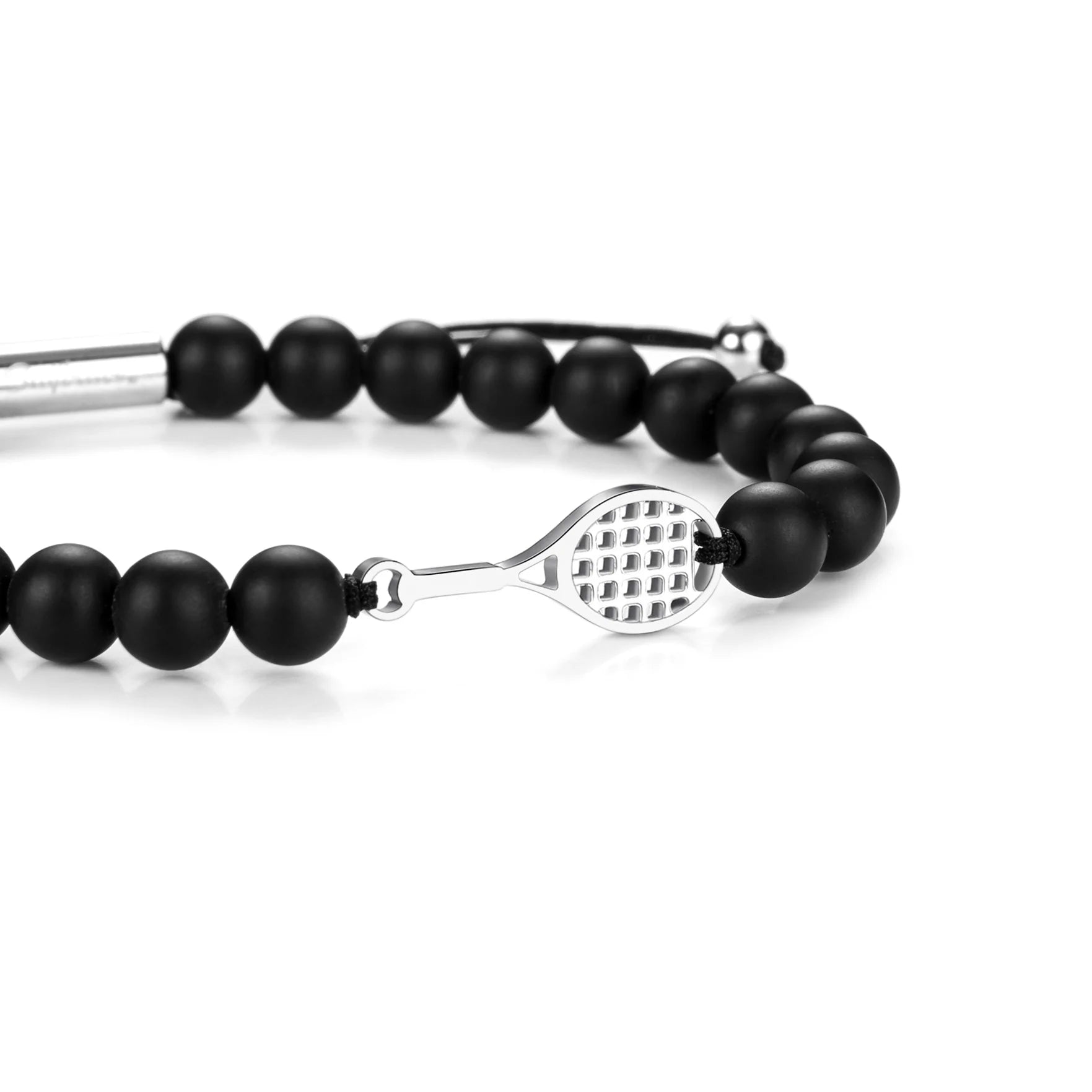 Black beaded bracelet with a silver tennis racket charm on a white background