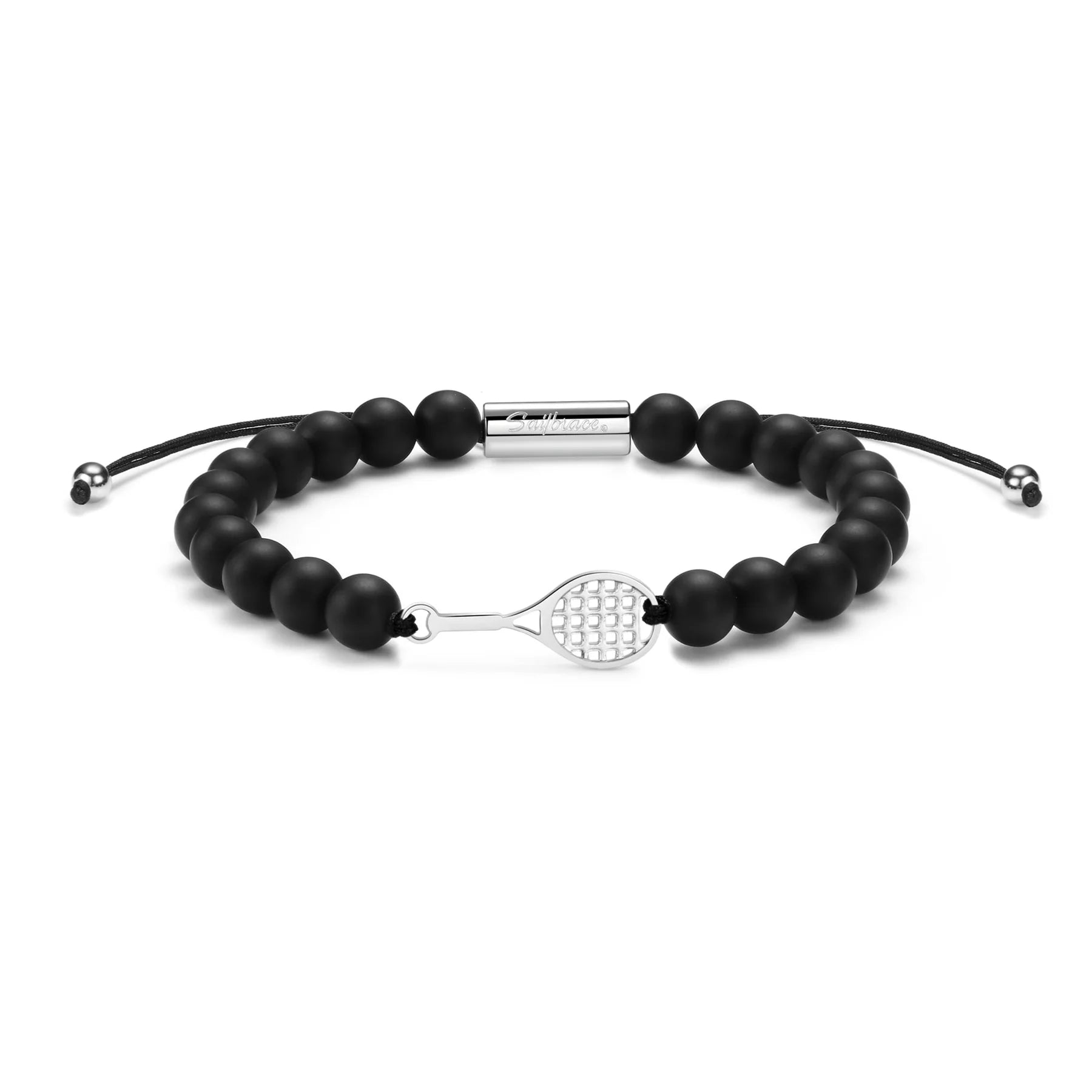 Black beaded bracelet with a silver tennis racket charm on a white background