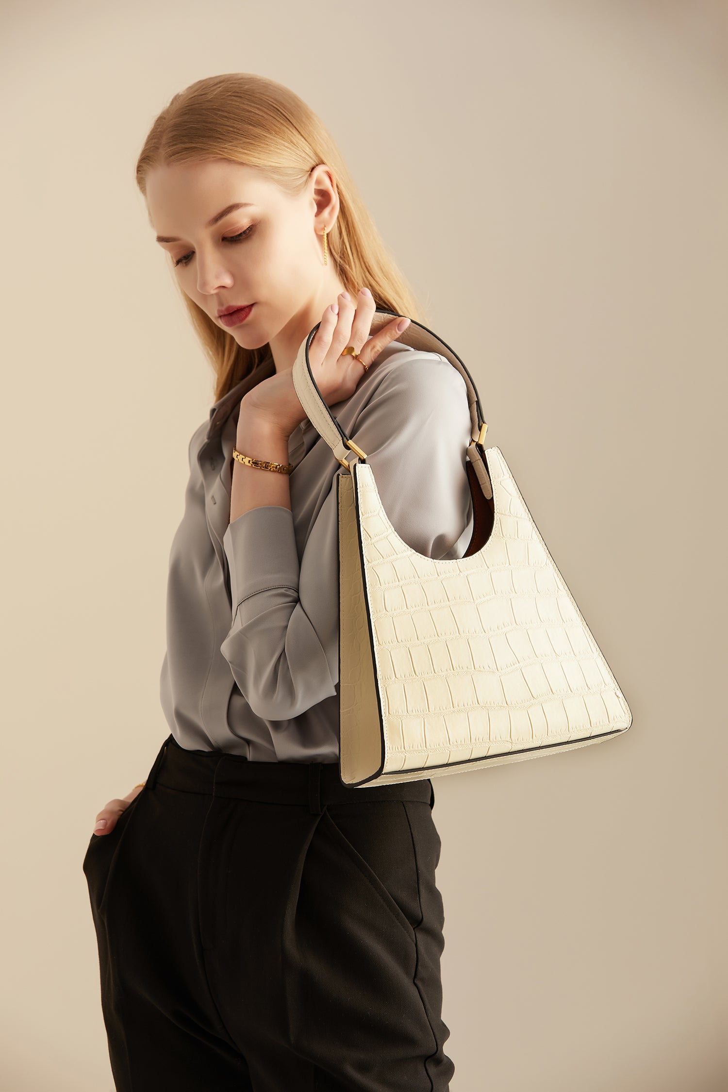 Roy Croc-Embossed Leather Bag - White