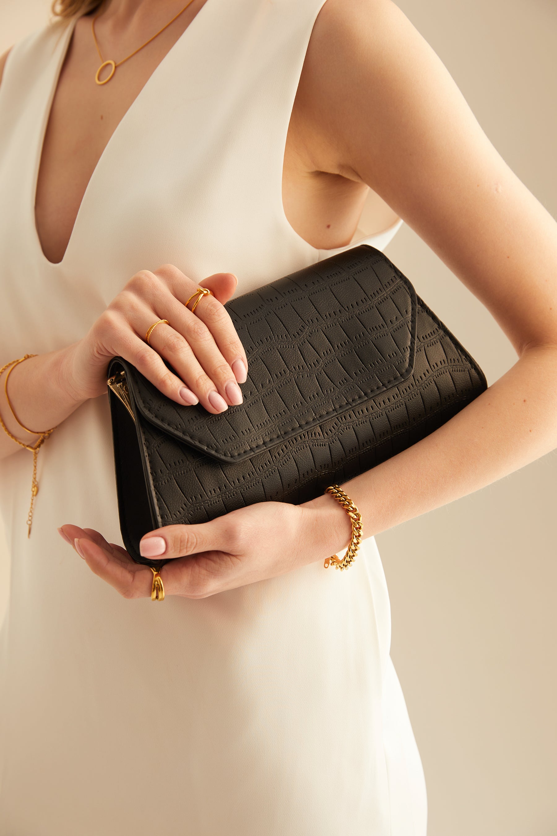Croc-Embossed Baguette Bag - Black