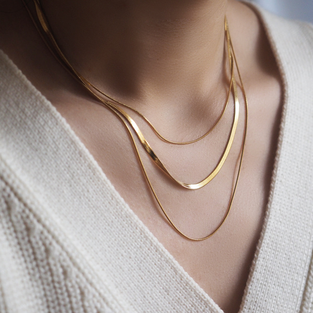 Triple Strand Herringbone Chain Necklace