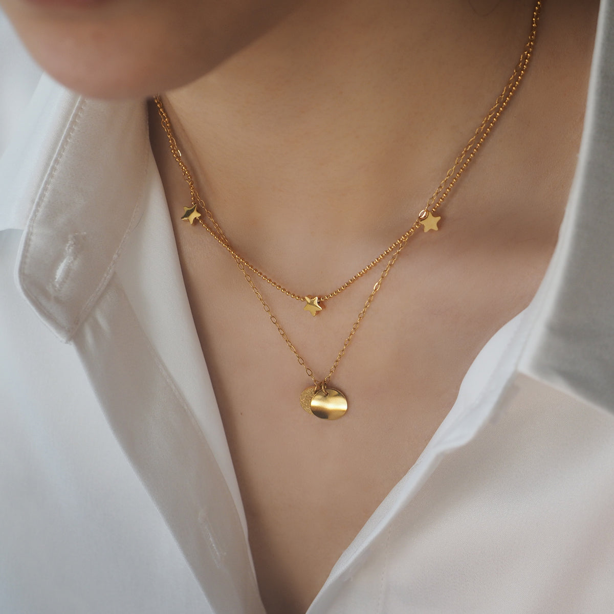 Double Chain Stars with Disc Necklace - éclater jewellery