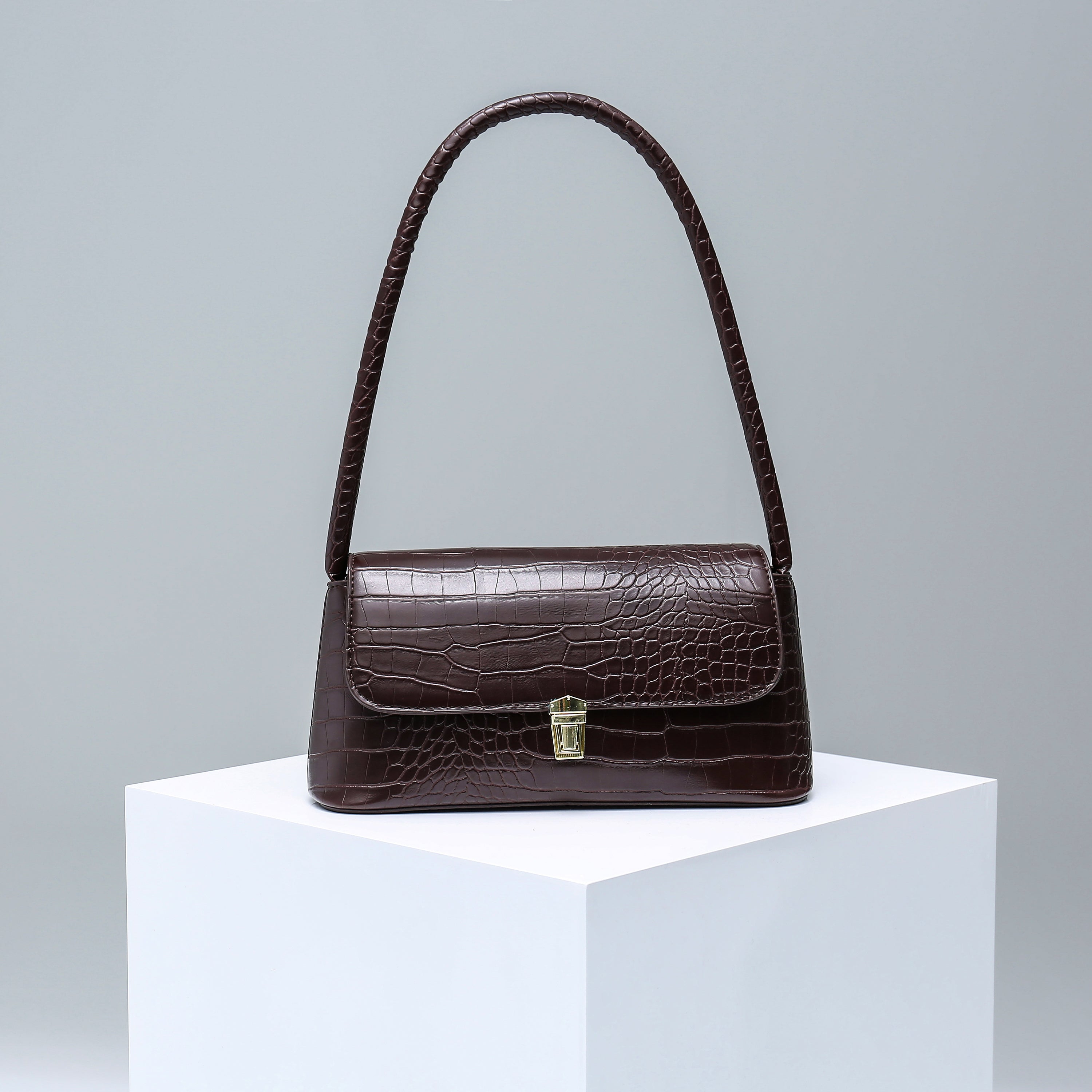 Croc-Embossed Baguette Bag - Burgundy