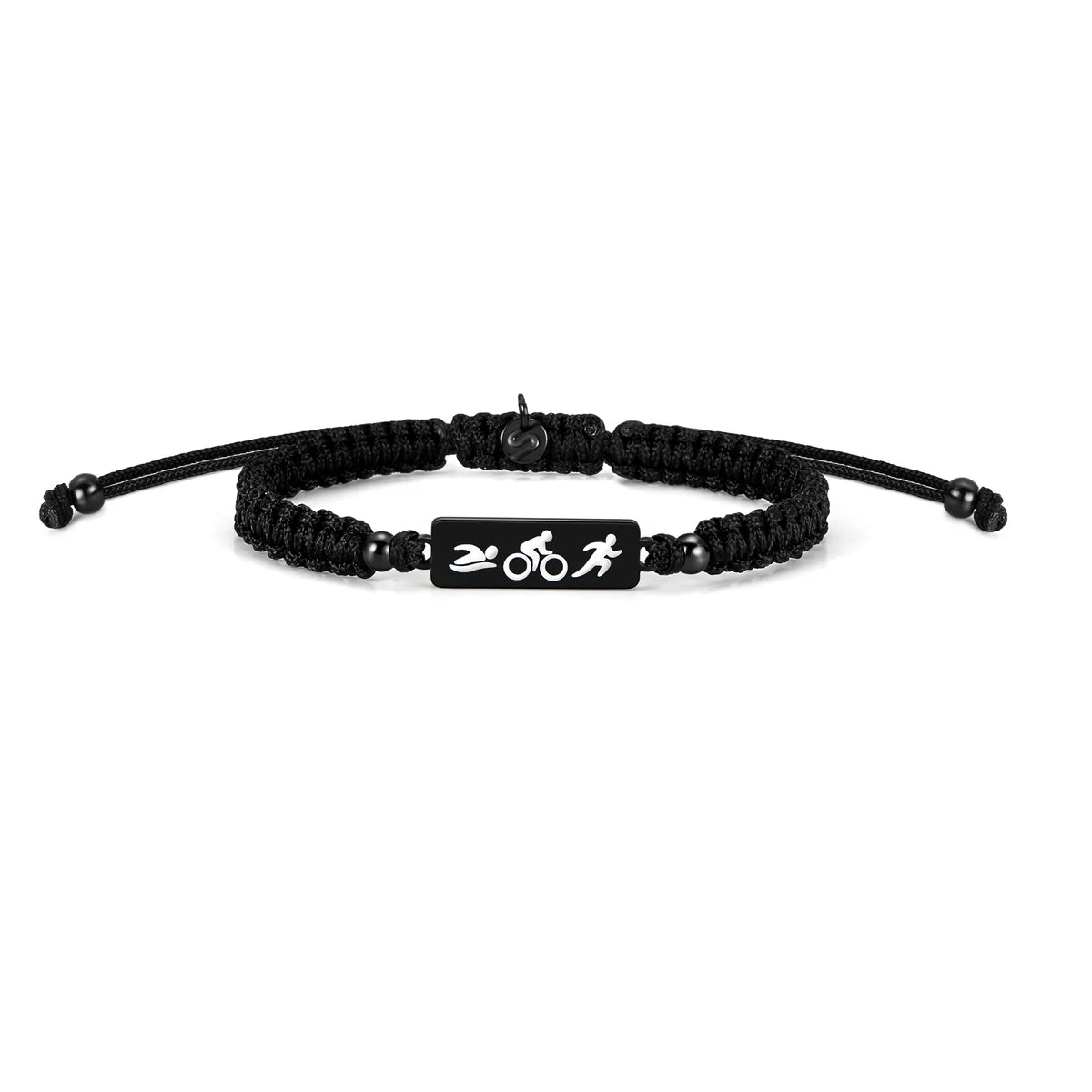 Black braided bracelet with a central tag featuring symbols on a white background