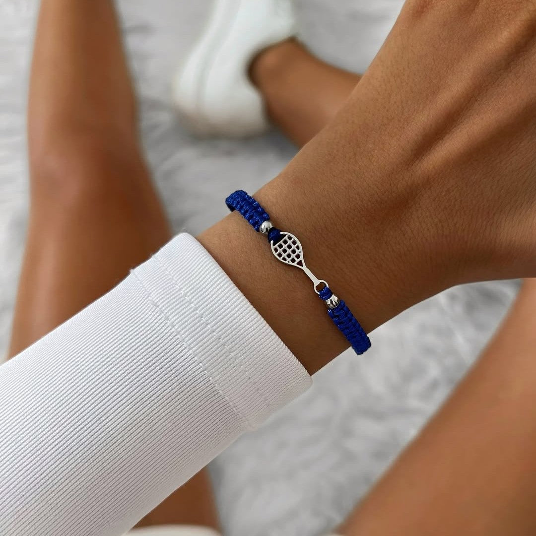 Silver Tennis Court Blue Braided Bracelet
