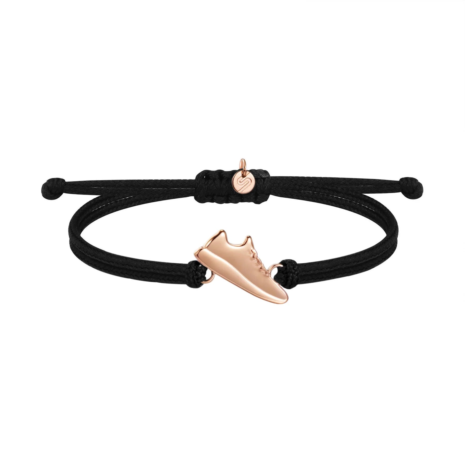 Black braided bracelet featuring a rose gold sneaker charm and adjustable knot closure, displayed on a white background.