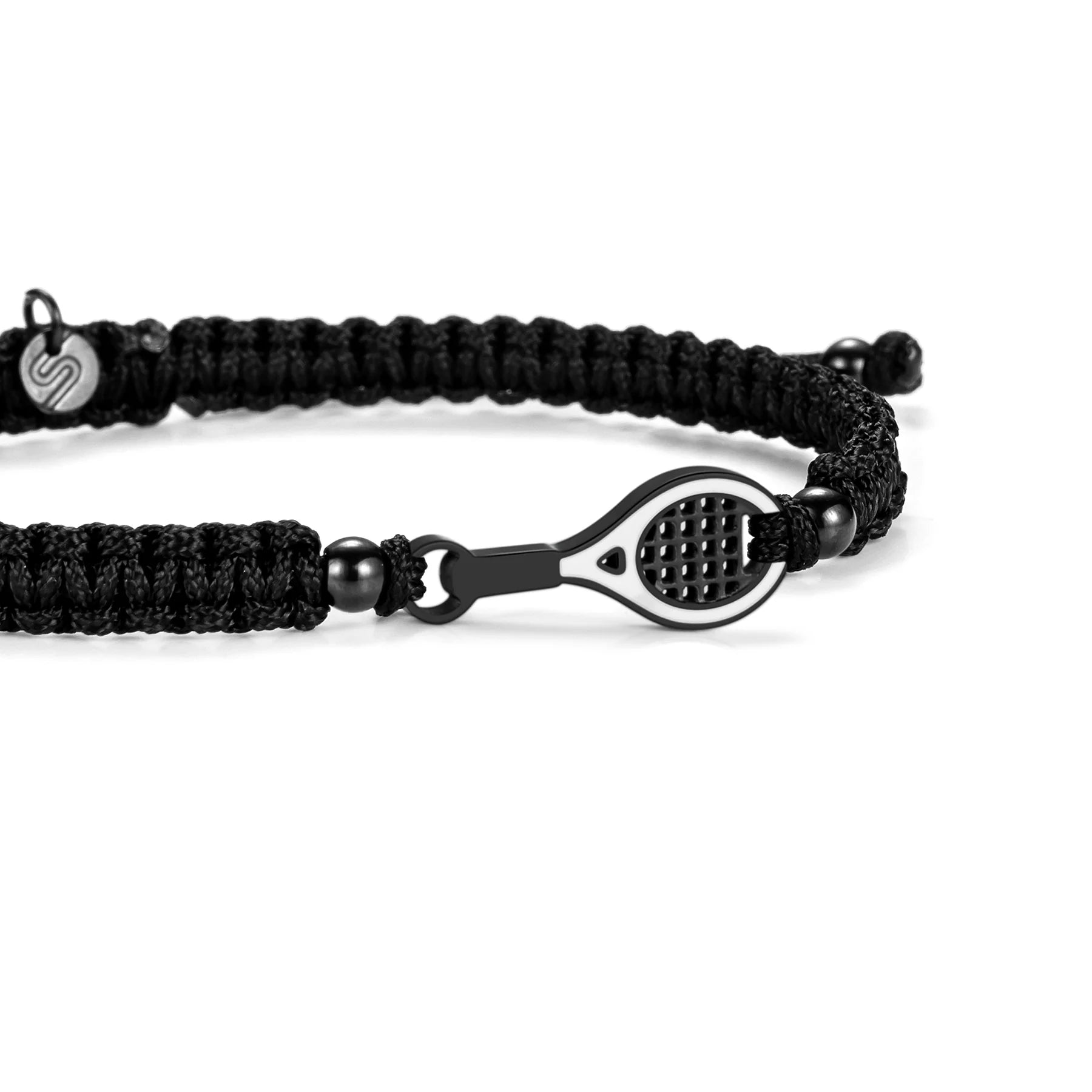 Black braided bracelet with a metal clasp on a white background