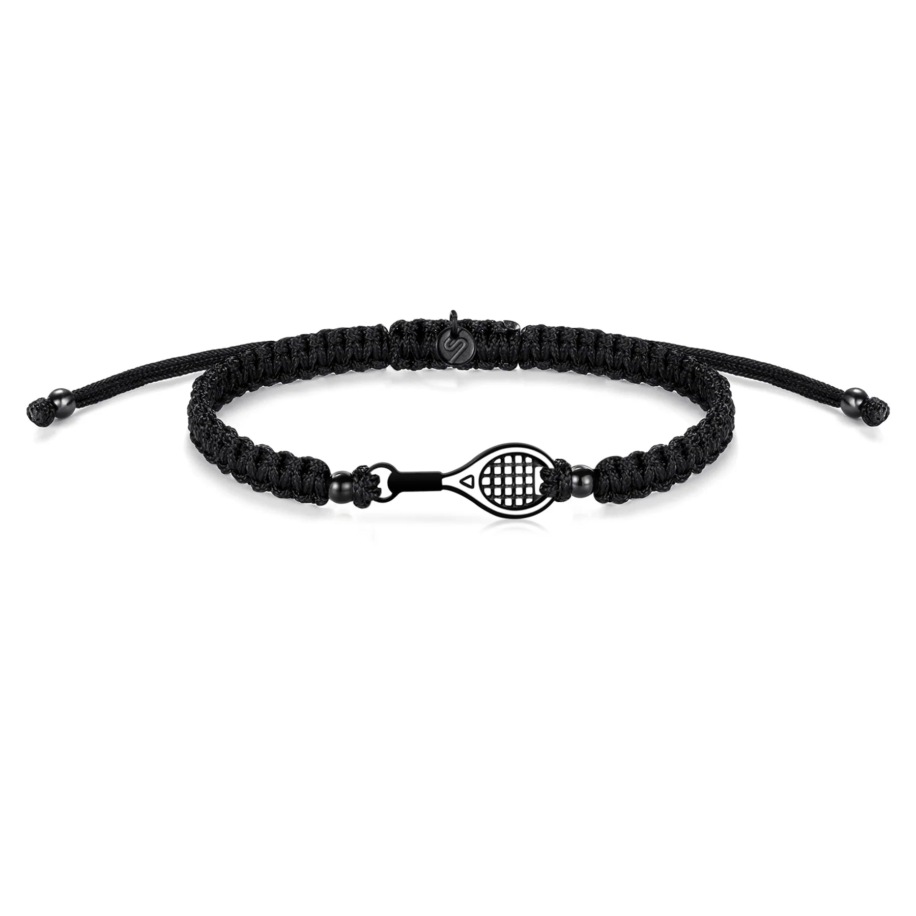 Black braided bracelet with a unique clasp on a white background