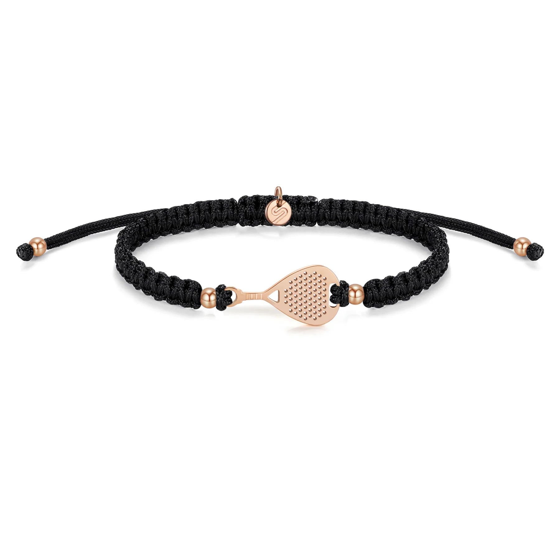 Black braided bracelet with rose gold heart-shaped clasp on a white background