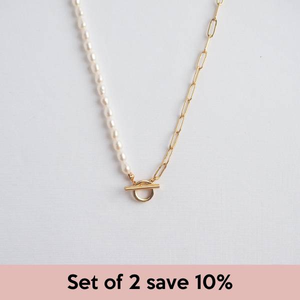 [Set of 2] Pearls T-bar Gold Tone Necklace