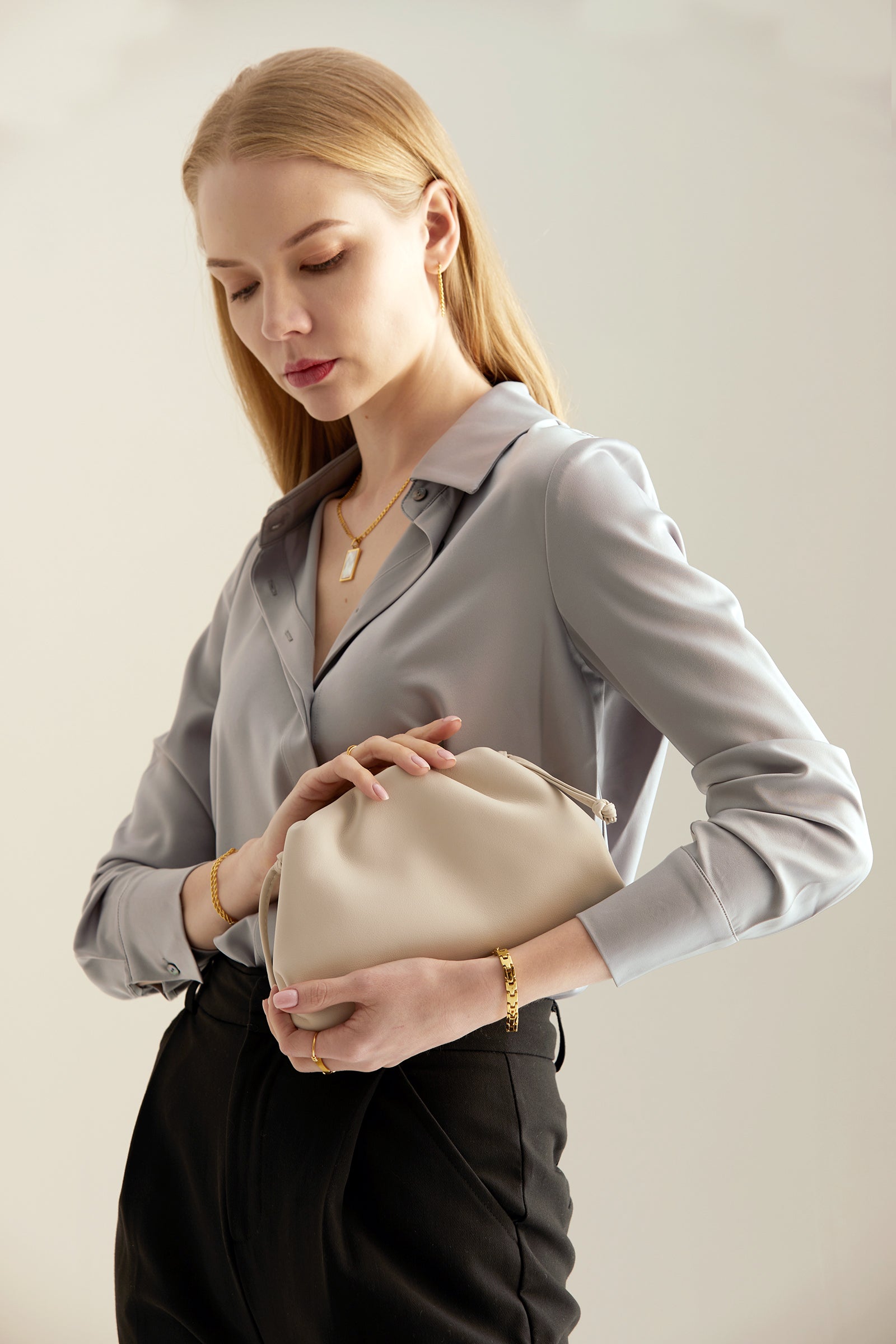 Pouch Gathered Leather Clutch - CREAM