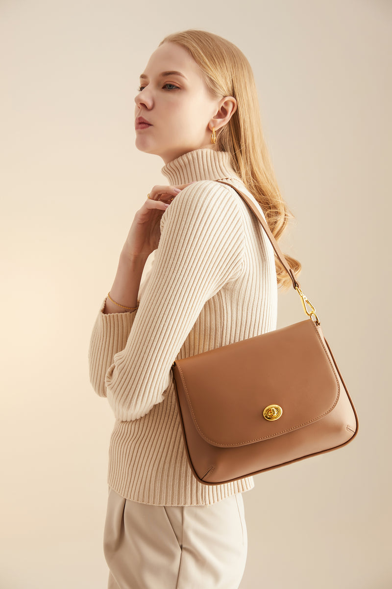 Mila Leather Shoulder Bag - Khaki