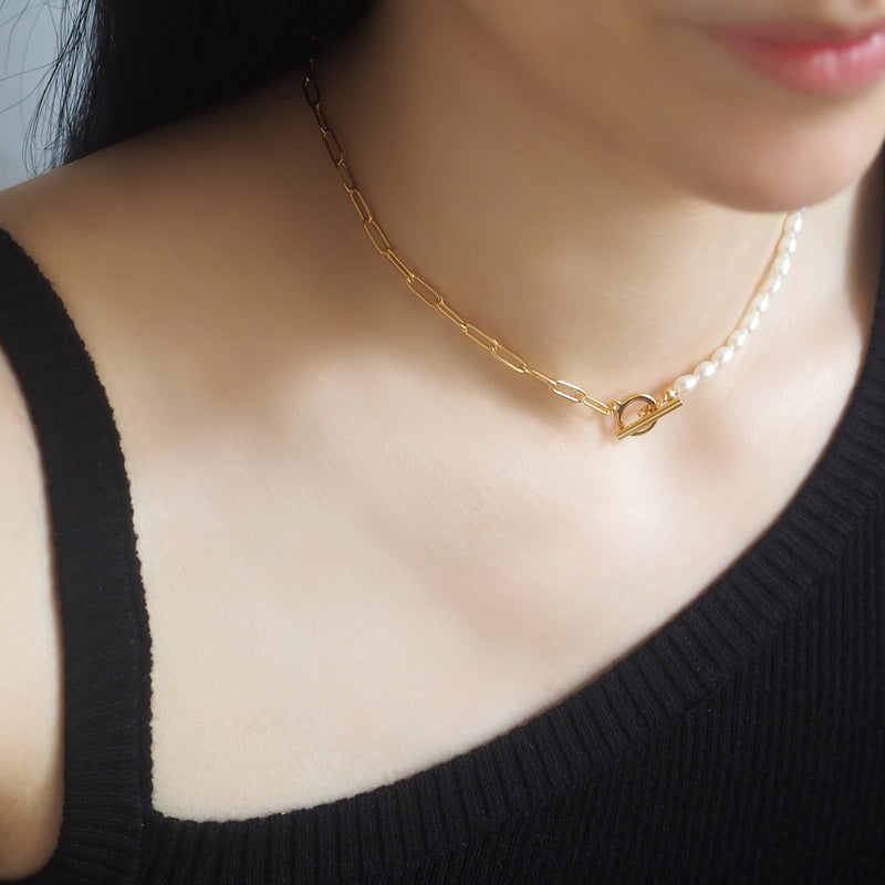 Pearls T-bar Gold Tone Necklace