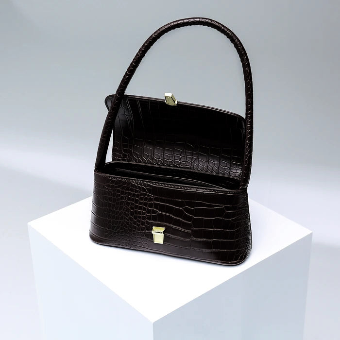 Croc-Embossed Baguette Bag - Black