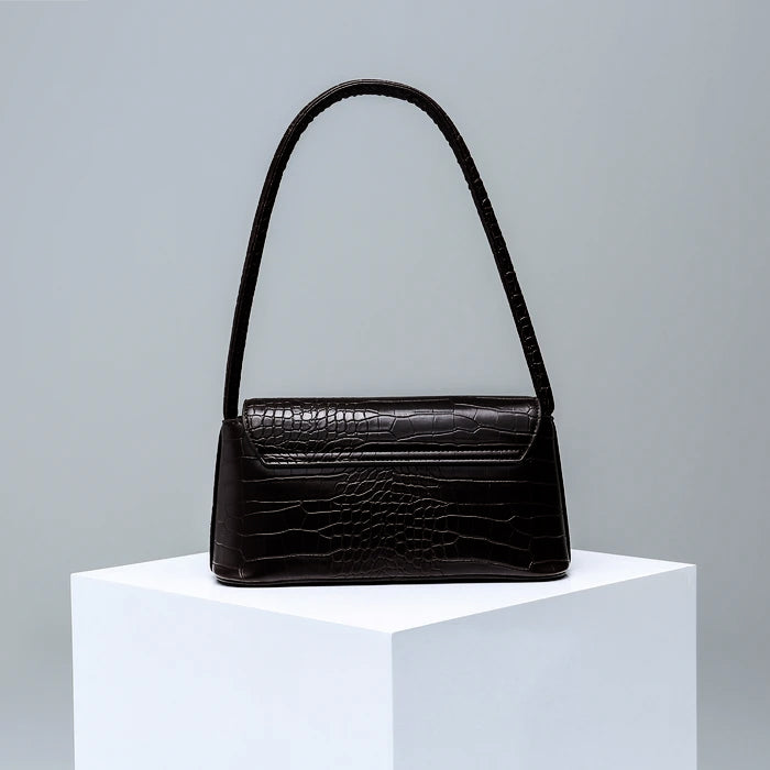 Croc-Embossed Baguette Bag - Black