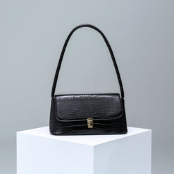 Croc-Embossed Baguette Bag - Black