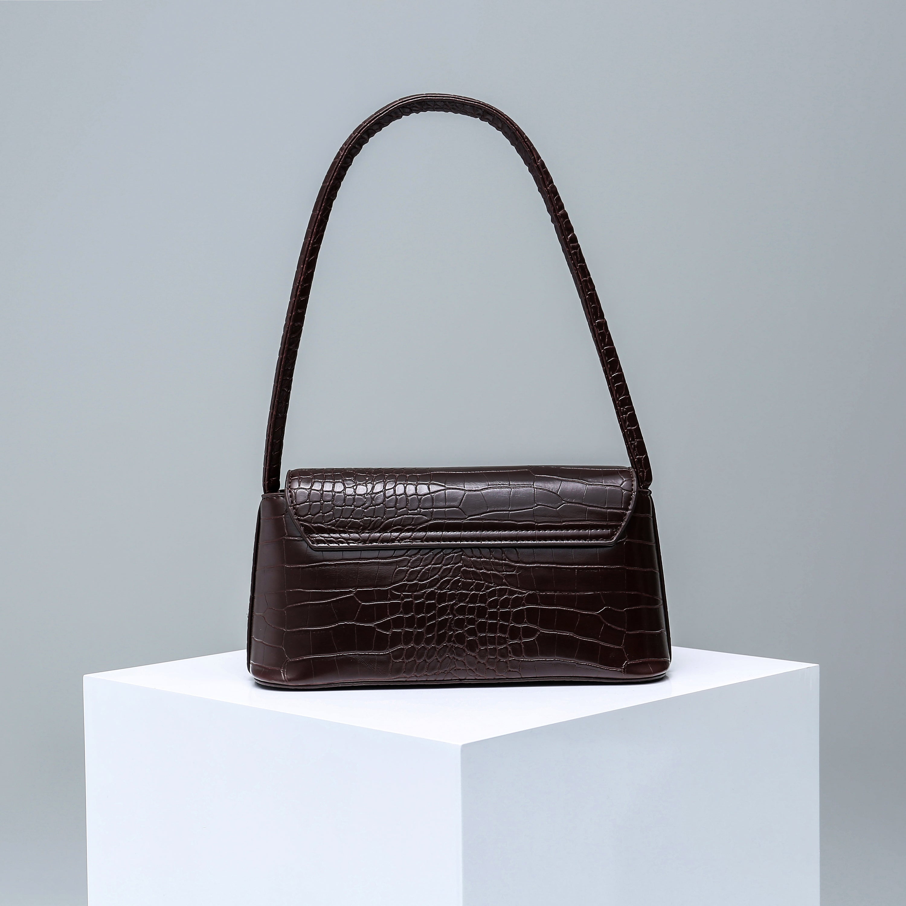 Croc-Embossed Baguette Bag - Burgundy