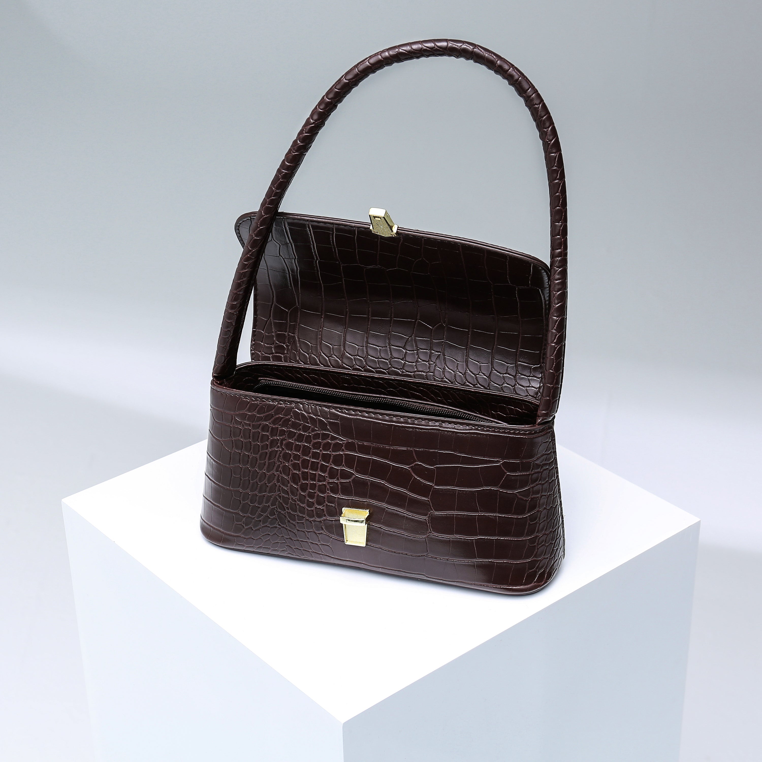 Croc-Embossed Baguette Bag - Burgundy